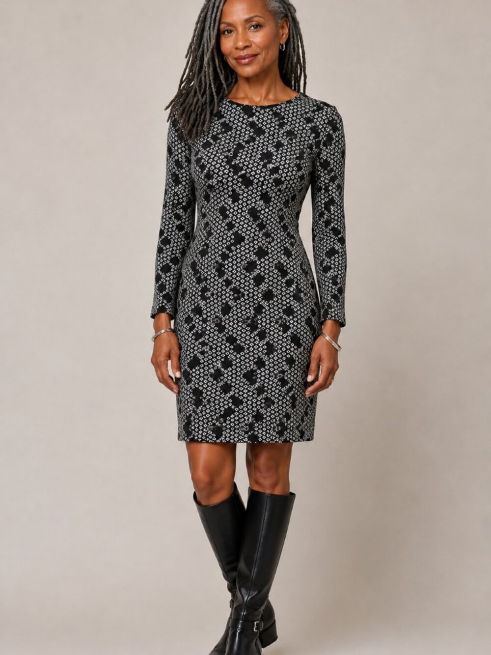 Vince Camuto Black and Silver Long Sleeve Bodycon Dress